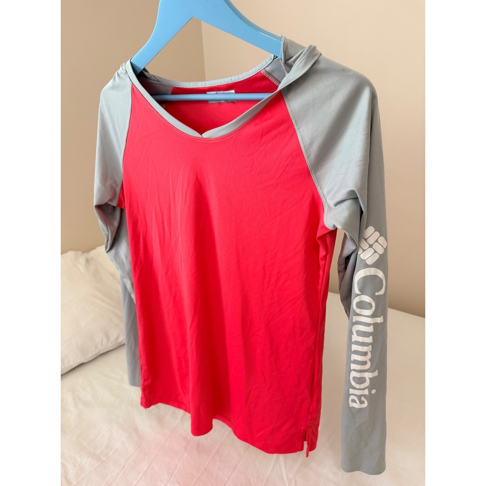 Columbia Womens PFG Long Sleeve Hooded Sun Shirt Red Grey XL1574 Medium